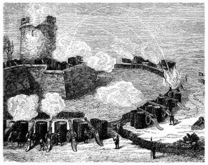 Black and white ink drawing of a castle being attacked.