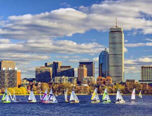Boston skyline with sailboats in the foreground
