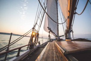 Closeup of sailboat deck on ocean